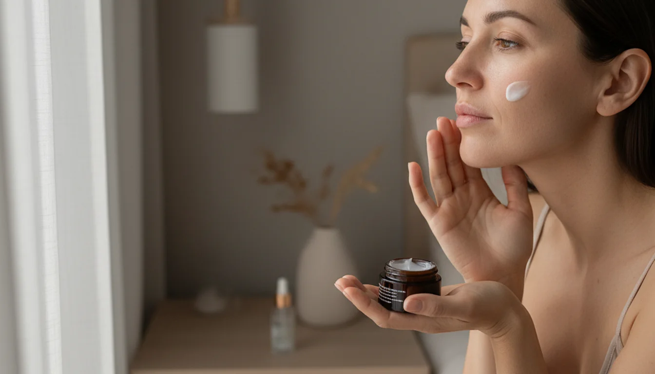 Woman applying hydrating night cream for dry skin, self-care routine, skincare, calm, photorealistic.