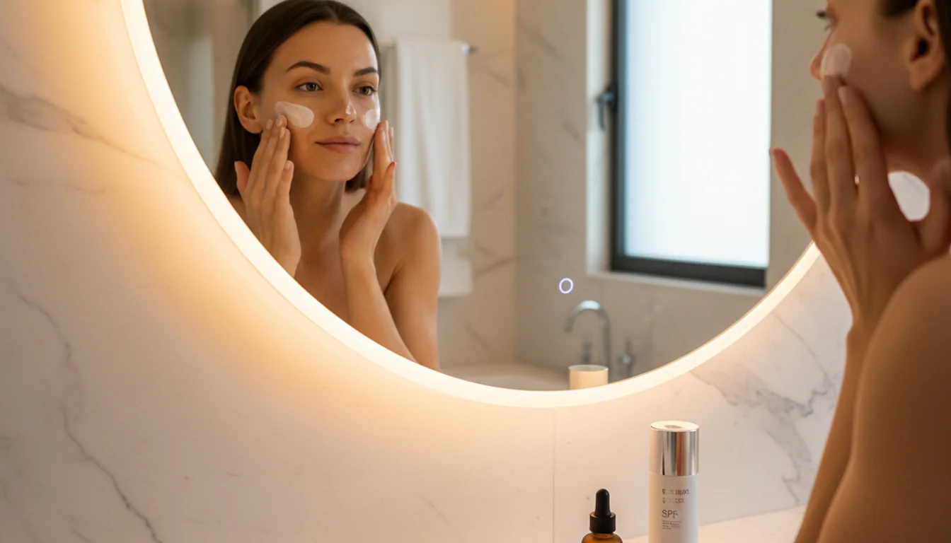 Woman applying hydrating night cream, retinol, and SPF for healthy, glowing skin.