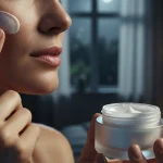 Woman applying hydrating night cream for dry skin, promoting healthy and moisturized skin.