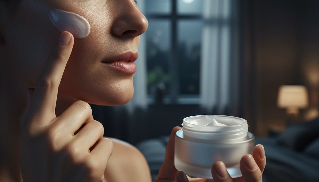 Woman applying hydrating night cream for dry skin, promoting healthy and moisturized skin.