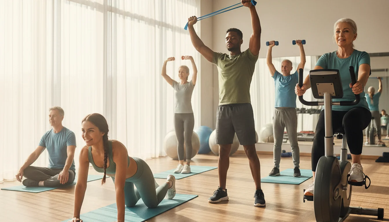 People doing low impact exercises in a gym, helping with knee pain.