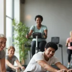 Low impact exercises for knee pain: People exercising gently, including plank, stretches, and cycling.