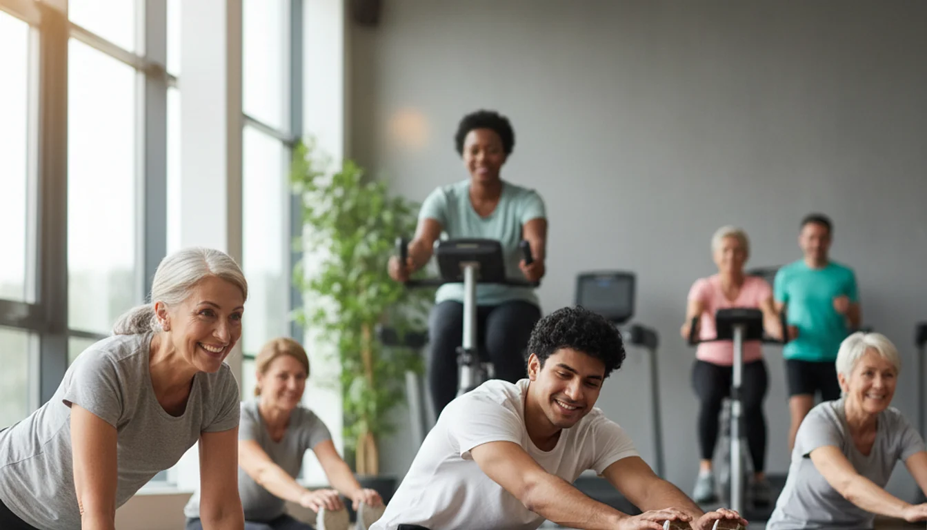 Low impact exercises for knee pain: People exercising gently, including plank, stretches, and cycling.