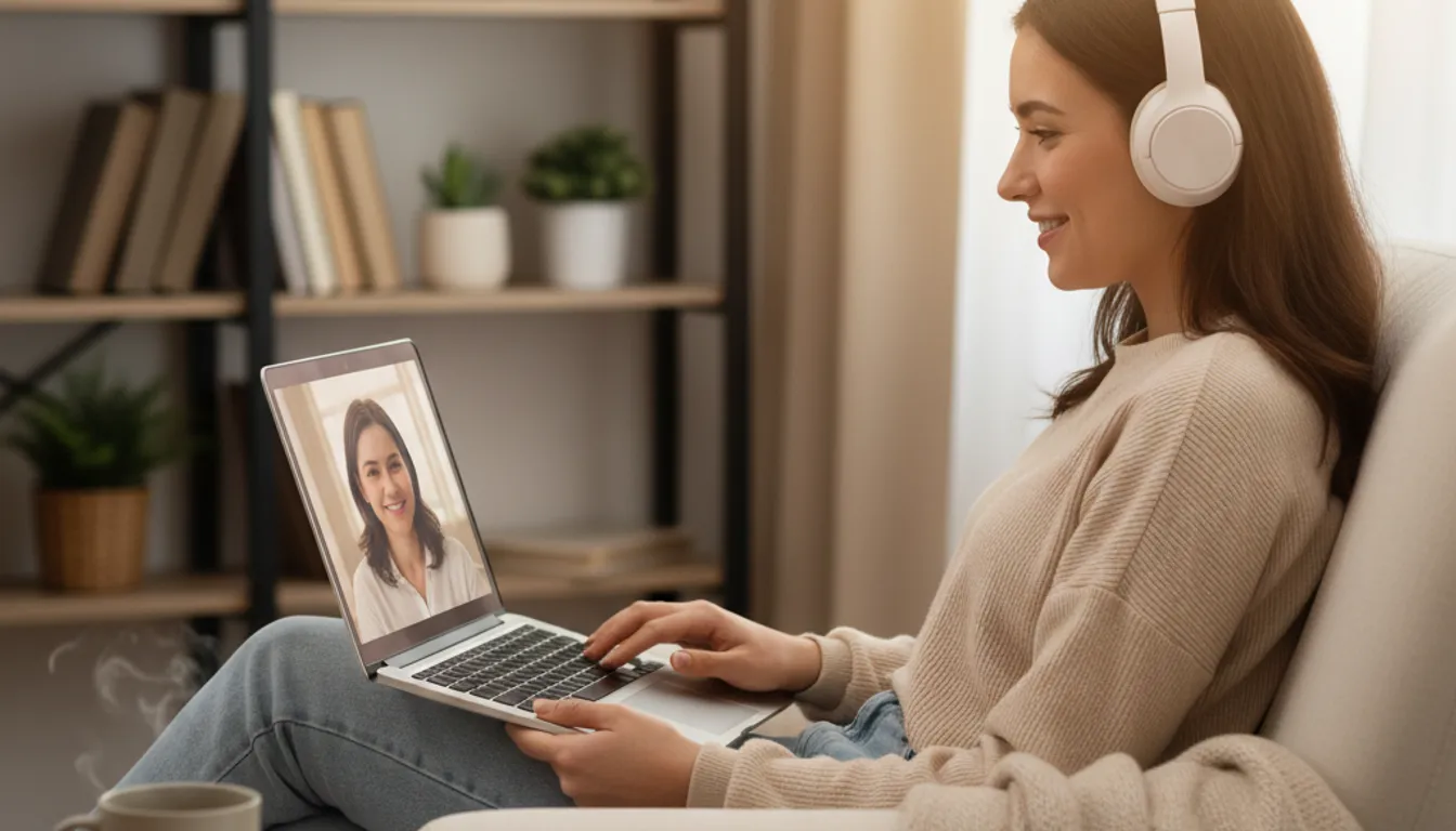 Student engaged in teletherapy session on laptop, online mental health resource.