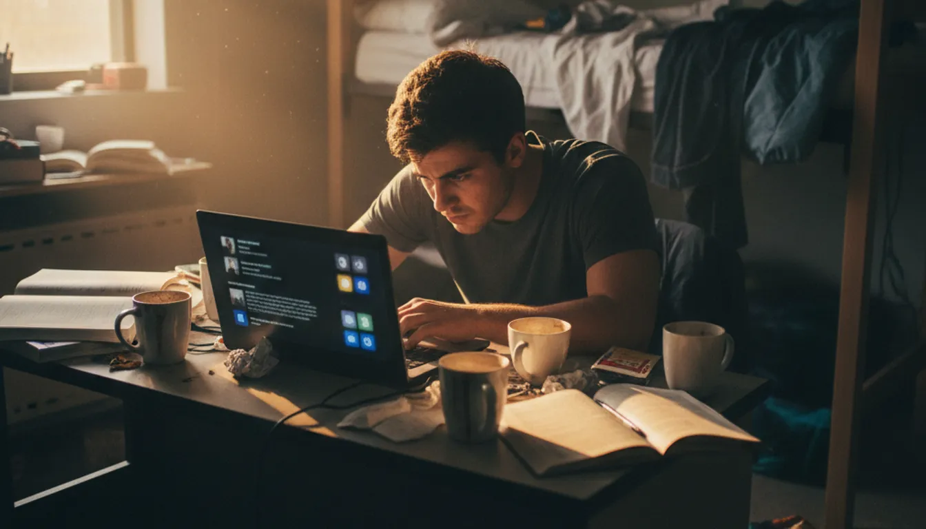 Stressed college student in a messy dorm room, representing mental health challenges.