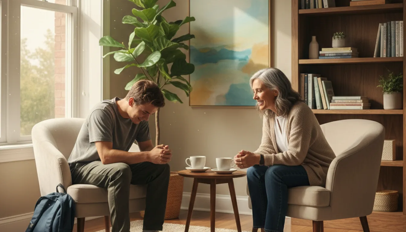 Student in counseling session, seeking mental health support at campus center.
