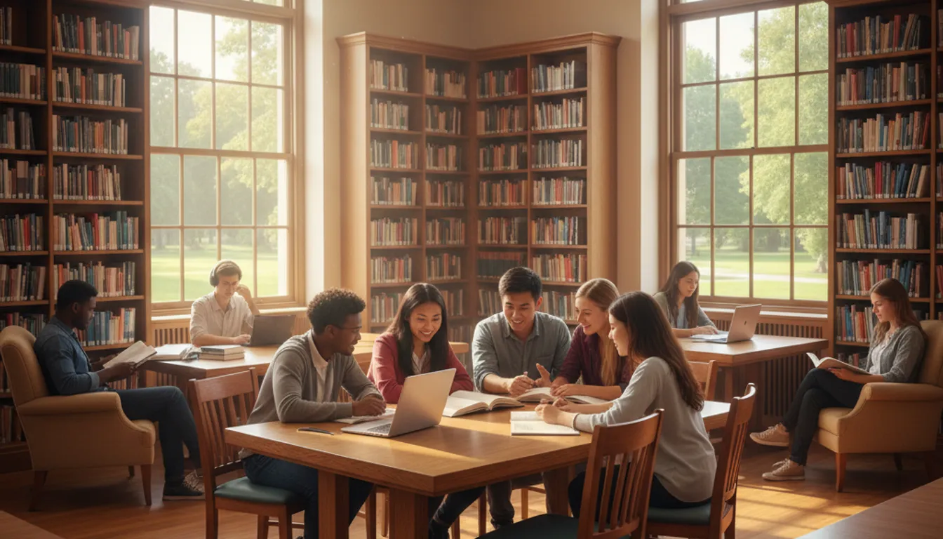 Students in a library, symbolizing mental health resources and support for higher education.