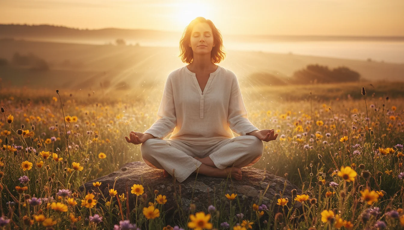 Person meditating outdoors, radiating peace and kindness, mindfulness exercise for stress relief.