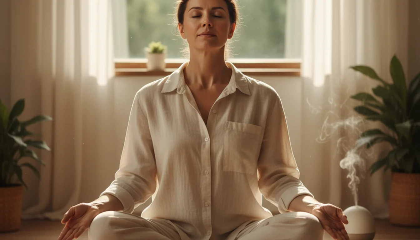 Person practicing mindful breathing exercise for stress relief, sitting cross-legged, eyes closed.