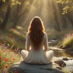 Photorealistic image of a woman meditating in a forest, representing mindfulness for stress relief.