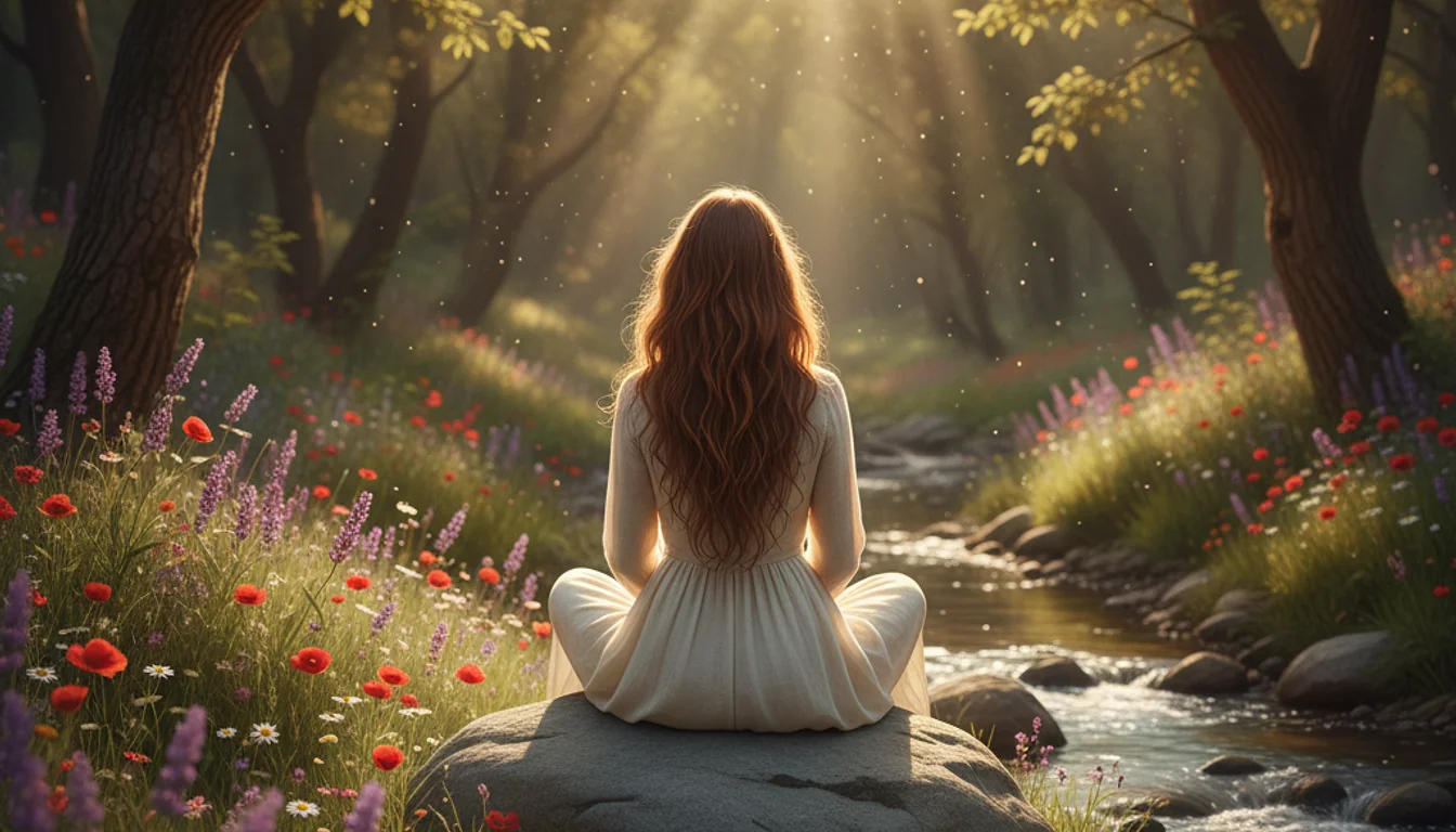 Photorealistic image of a woman meditating in a forest, representing mindfulness for stress relief.