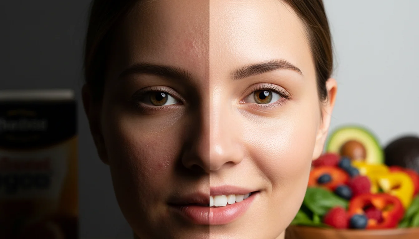 Before and after acne treatment: healthy diet transformation for clear, glowing skin.