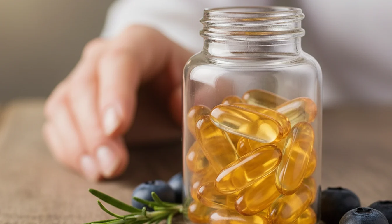 Supplements for acne: Omega-3 fish oil, zinc, and probiotics, with rosemary and blueberries.