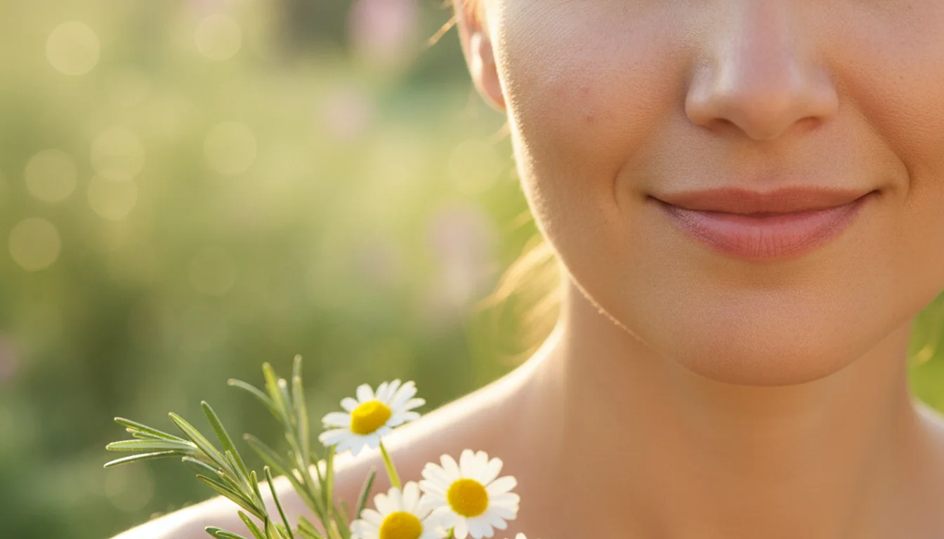 Photorealistic image of a woman with healthy skin, representing natural acne treatment for adults.