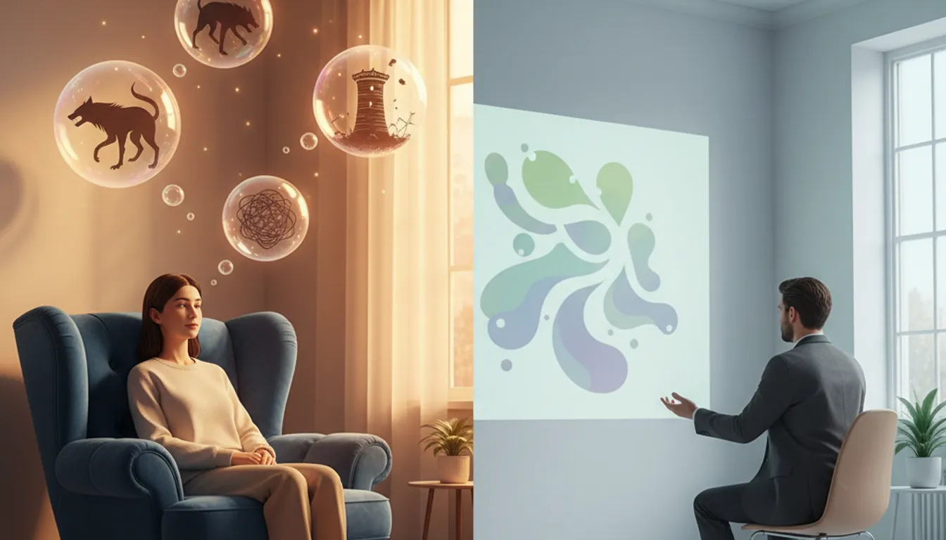 Online therapy for PTSD: CBT and exposure therapy depicted in a safe, healing environment.