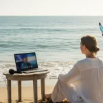 Online therapy for PTSD: A person finding peace on a beach, working remotely.