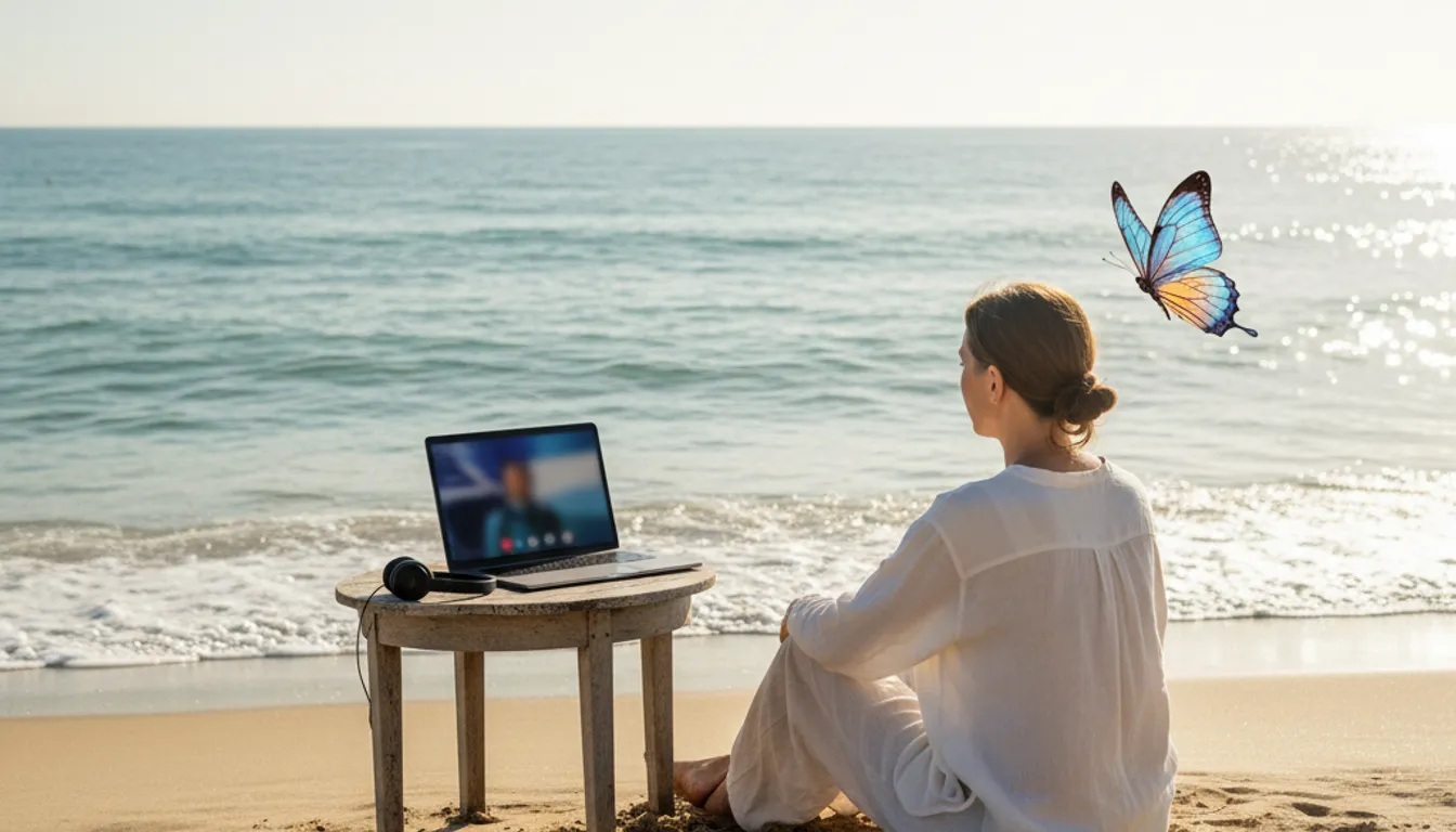 Online therapy for PTSD: A person finding peace on a beach, working remotely.