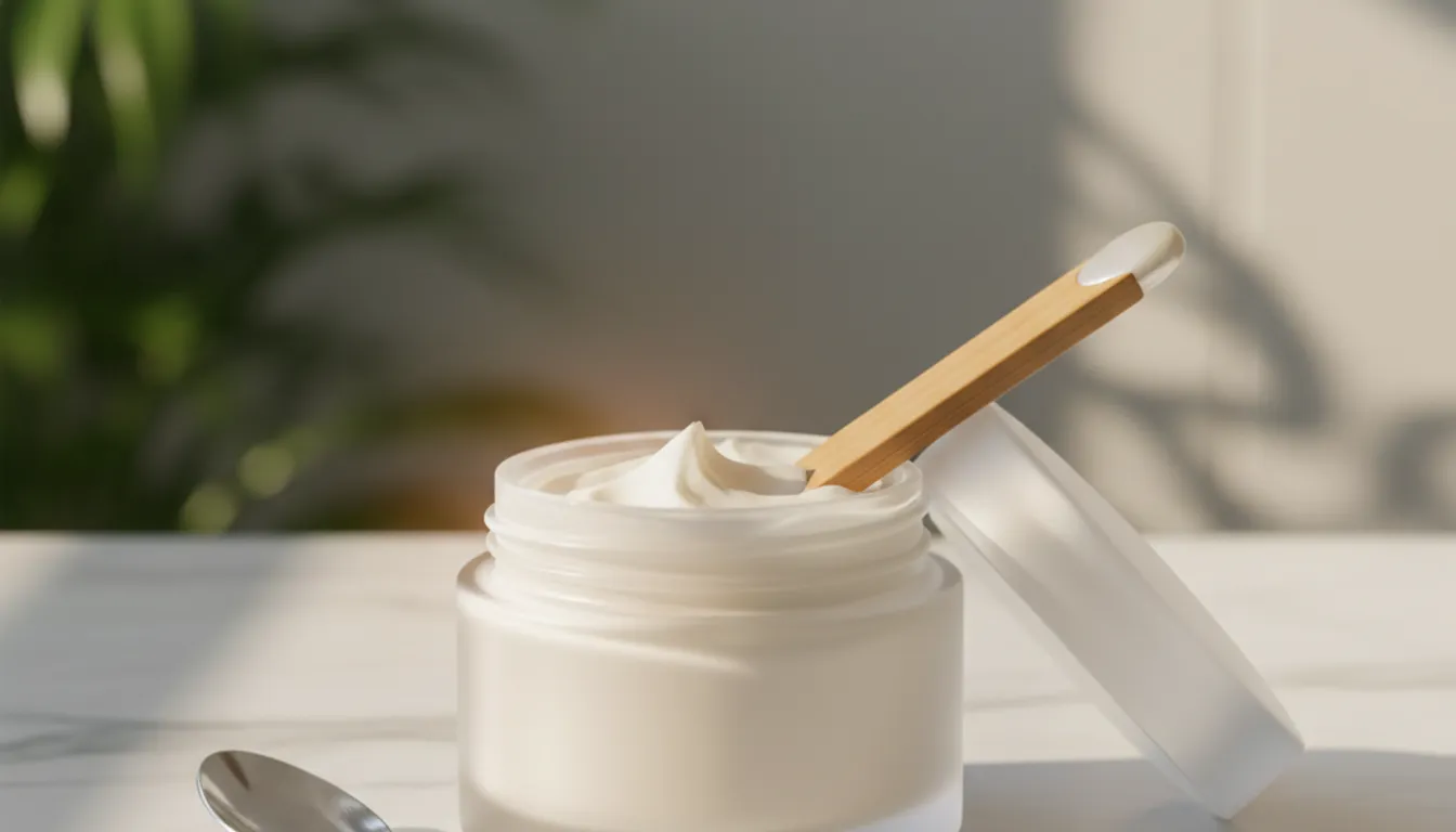 Organic face cream for acne-prone skin application: night routine. Photorealistic image.