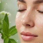 Photorealistic image: Woman with clear skin, organic face cream, and herbs. Acne-prone skin solution.