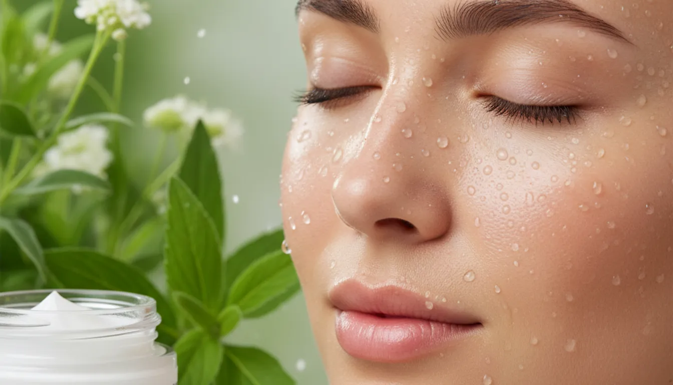 Photorealistic image: Woman with clear skin, organic face cream, and herbs. Acne-prone skin solution.