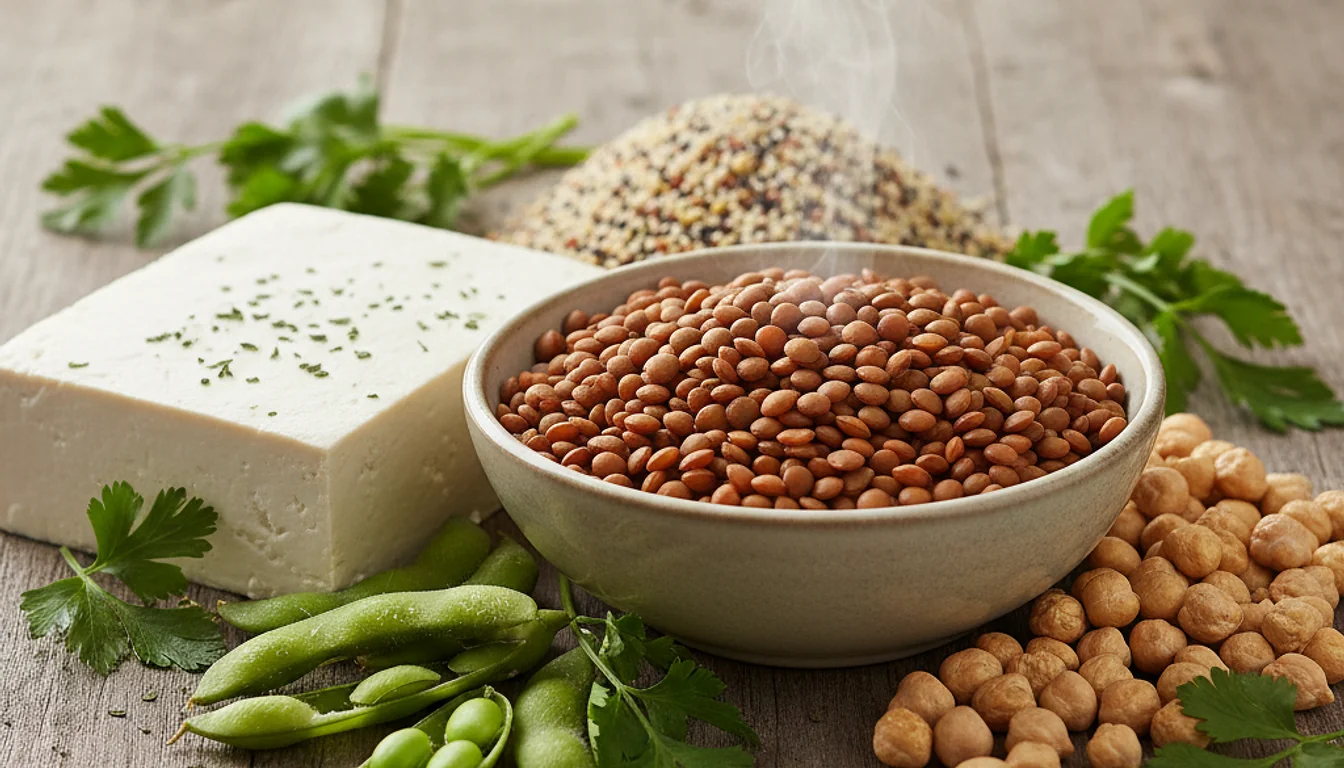 Variety of plant-based protein sources: lentils, chickpeas, tofu, edamame, and quinoa, with herbs.