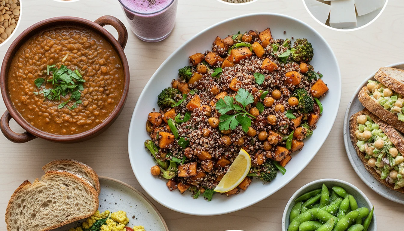 Delicious plant-based protein meals: quinoa bowl, lentil soup, tofu scramble, chickpea salad, and more.