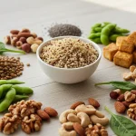 Plant-based protein sources: lentils, tofu, nuts, quinoa, chia seeds, and spinach. Healthy food.