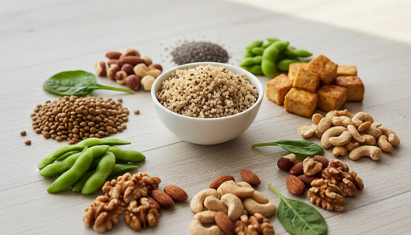Plant-based protein sources: lentils, tofu, nuts, quinoa, chia seeds, and spinach. Healthy food.