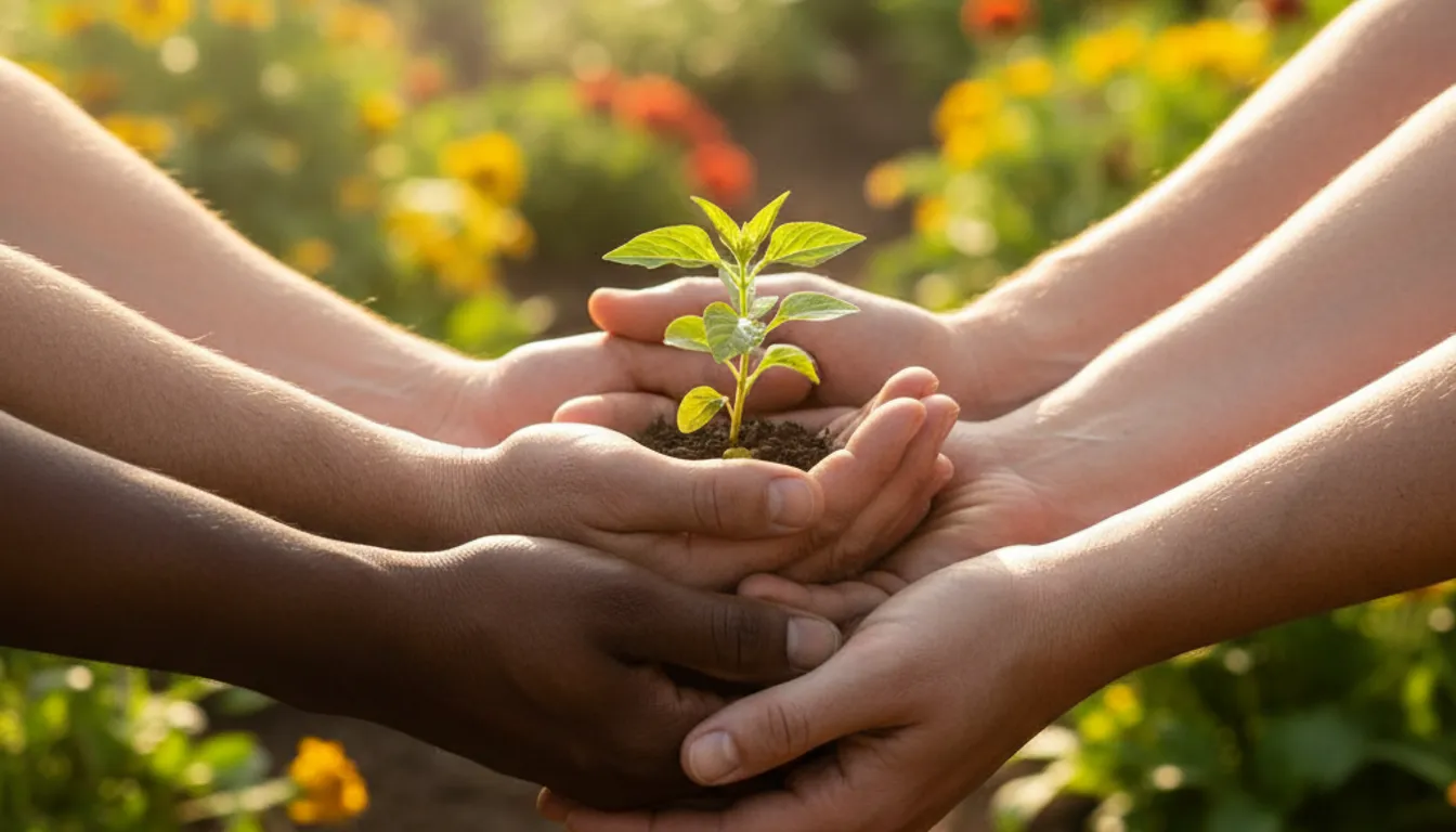 Hands intertwined, supporting a seedling: representing affirmations and self-growth. Positive self-esteem.