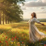 Woman in meadow with positive expression, representing affirmations for self-esteem.