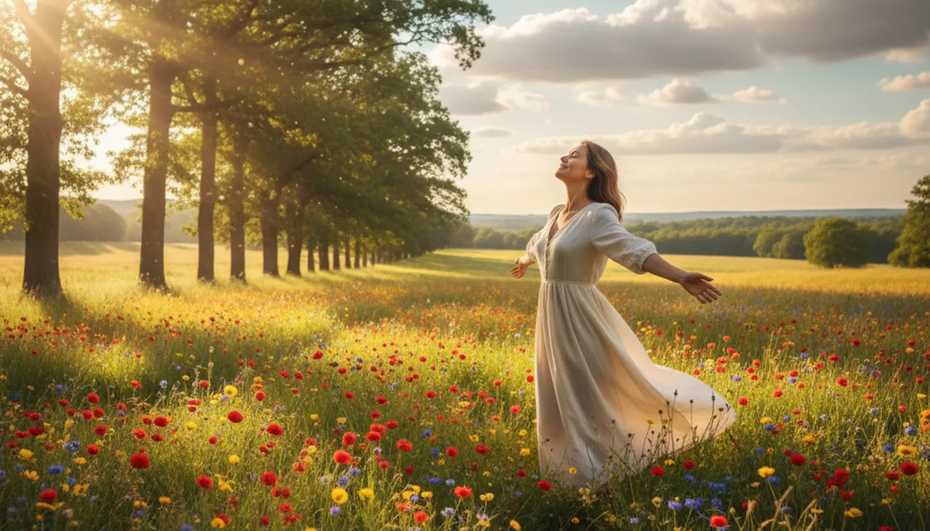 Woman in meadow with positive expression, representing affirmations for self-esteem.