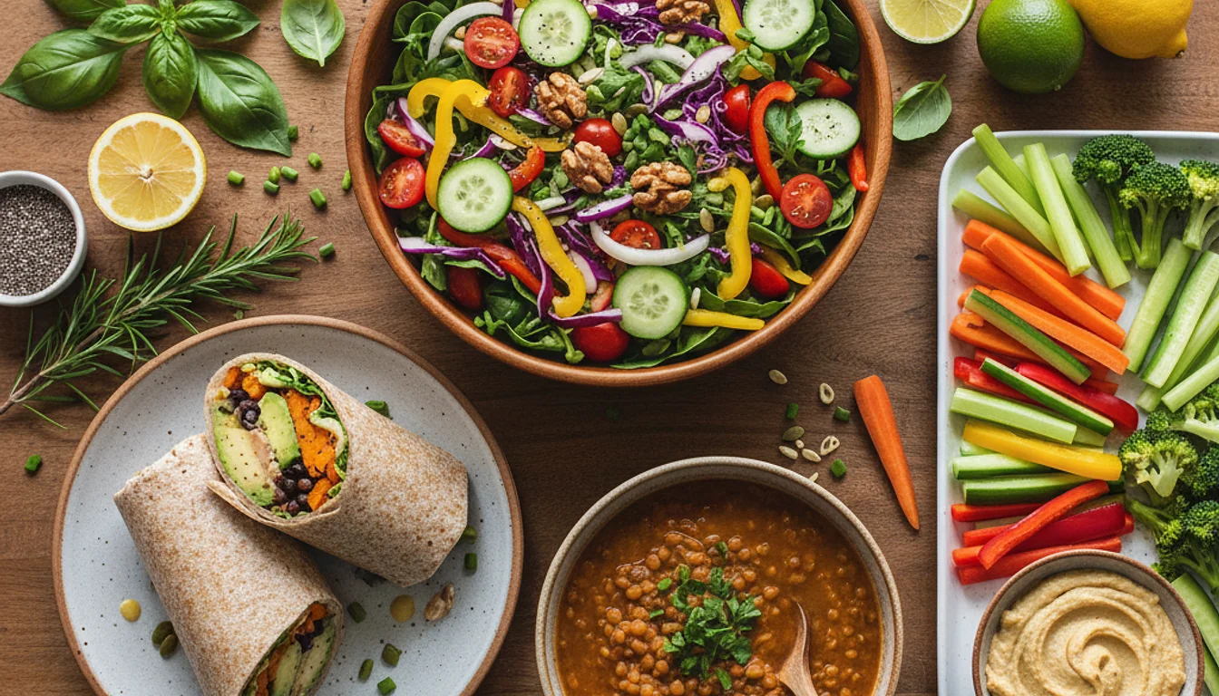 Quick vegan lunches under 30 minutes: colorful salad, wrap, lentil soup, and crudités.