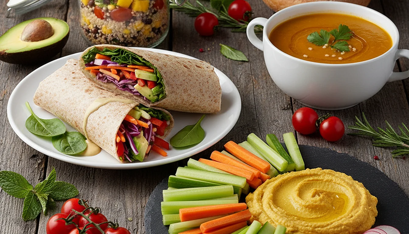 Quick & Easy Vegan Lunches: Colorful wraps, salads, and soups ready in under 30 minutes.