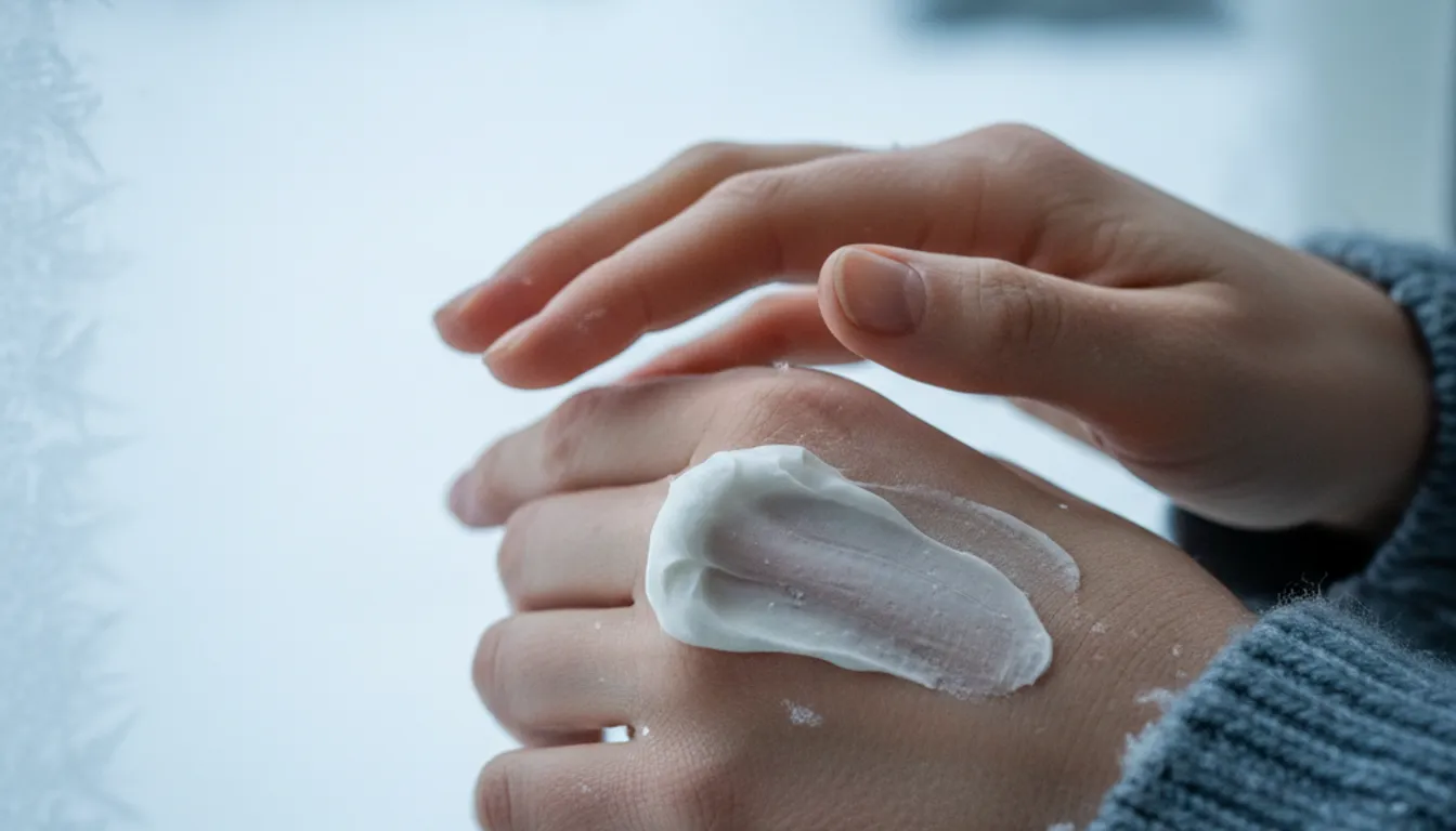 Woman applying moisturizer to dry winter skin. Photorealistic image, skincare routine.