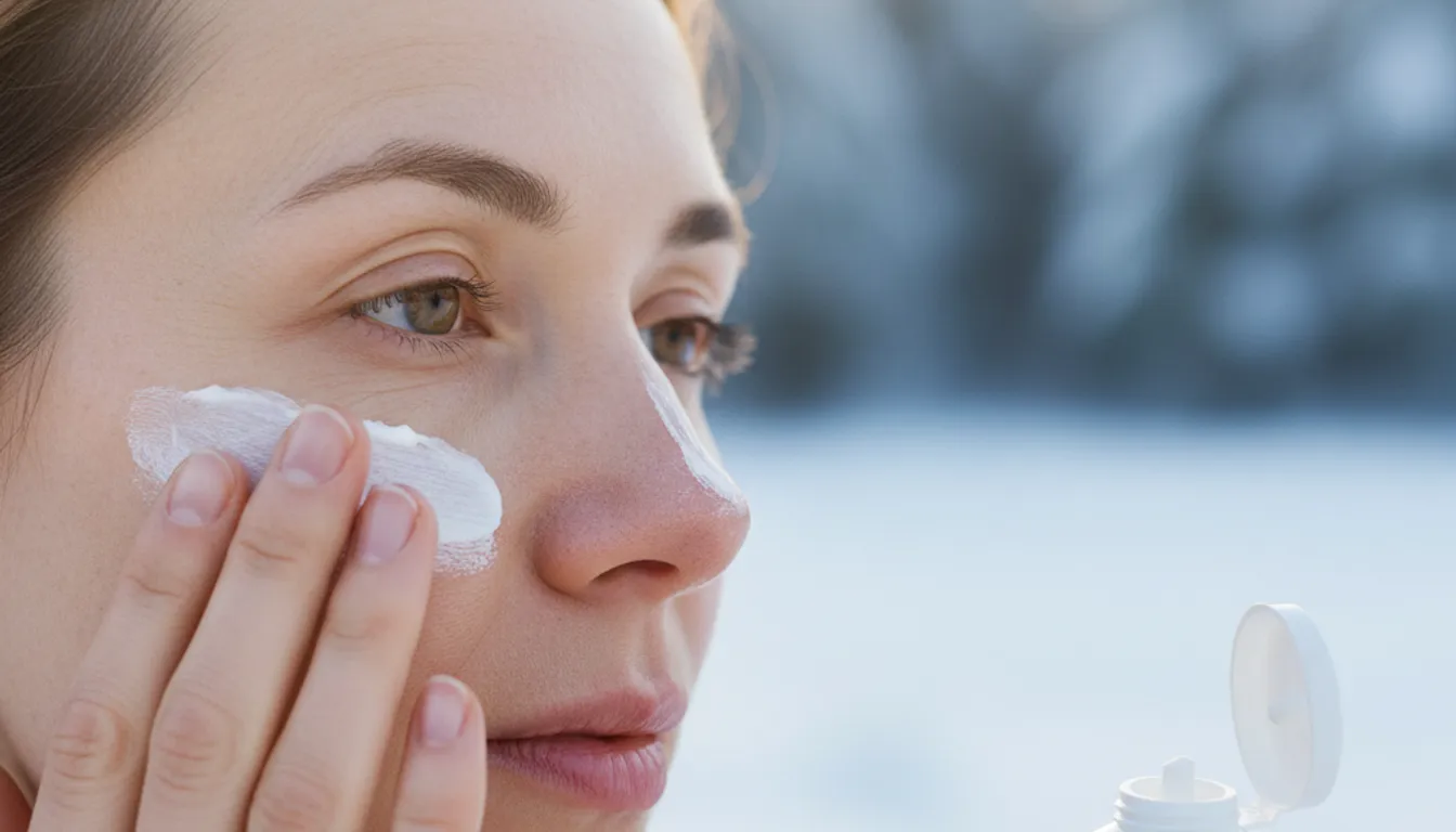 Woman applying sunscreen to dry skin in winter, protecting against sun damage.