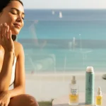 Summer skincare routine for glowing skin: Young woman applying products with ocean view.