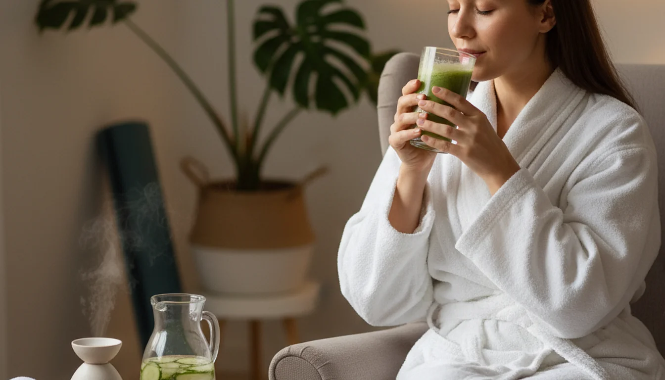 Woman enjoying a relaxing spa day at home with a green smoothie and spa essentials.