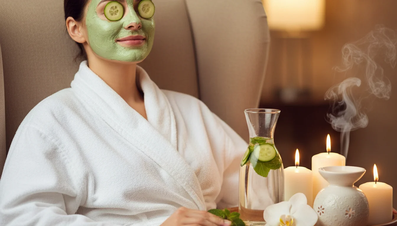 Spa day at home: Woman enjoying relaxation with face mask, candles, and spa essentials.
