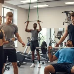 Beginner strength training routine: diverse people exercising with weights and gym equipment.