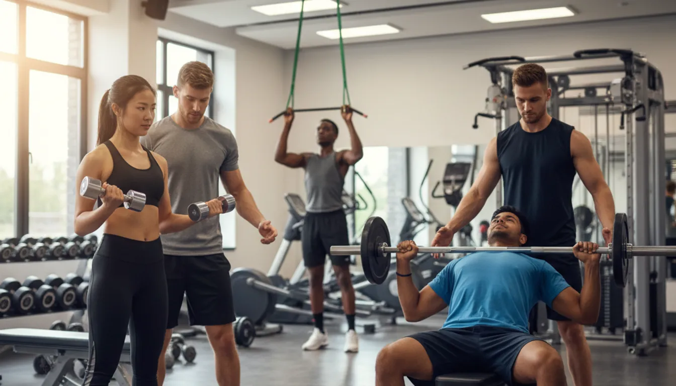 Beginner strength training routine: diverse people exercising with weights and gym equipment.