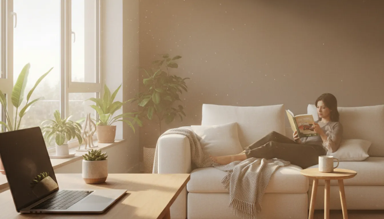 Relaxed person enjoying a work-free weekend, reading in a sunlit living room. Therapy helps with anxiety.