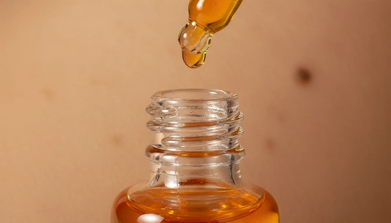 Vitamin C serum dripping, showcasing its potent brightening effect on skin with dark spots.