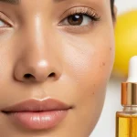 Photorealistic image of a woman's face with a vitamin C serum bottle, targeting dark spots.