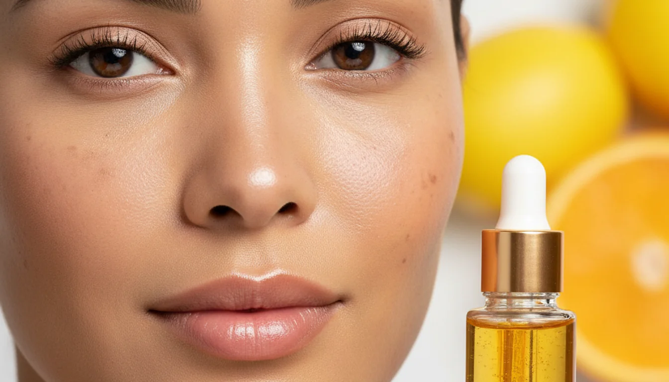 Photorealistic image of a woman's face with a vitamin C serum bottle, targeting dark spots.