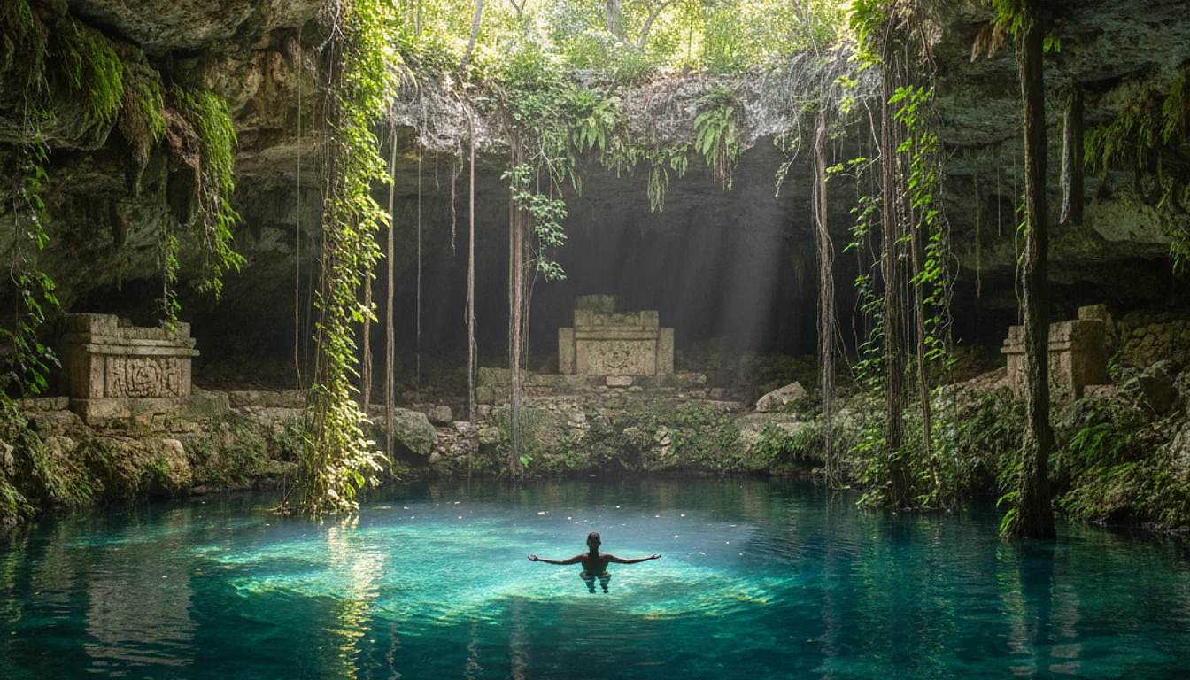 Cenote in Mexico: A person swims in clear water, a wellness and affordable travel destination.