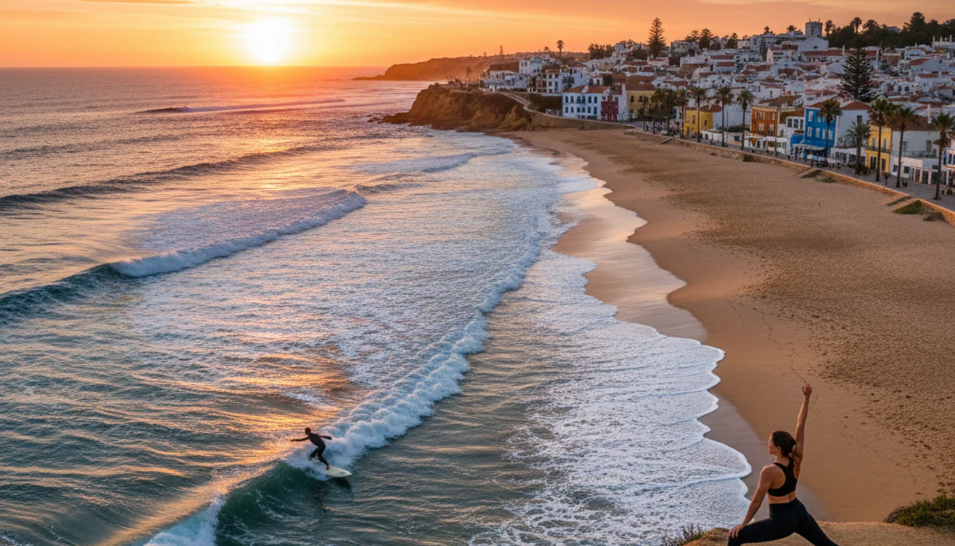 Sunset surfing in Algarve, Portugal: Affordable wellness travel with beautiful beaches and yoga.