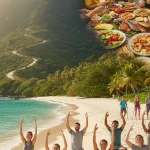 Affordable wellness travel destinations: people enjoying yoga, hiking, and healthy food in paradise.