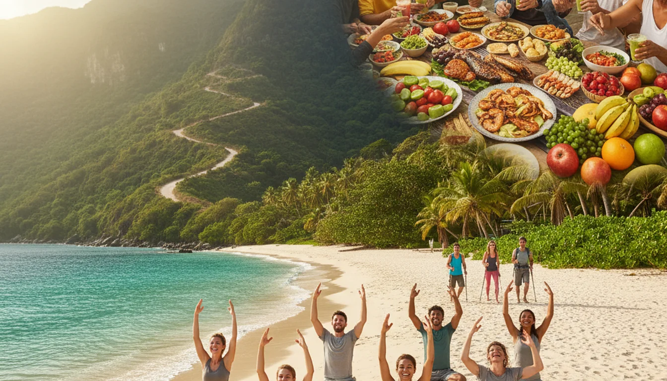 Affordable wellness travel destinations: people enjoying yoga, hiking, and healthy food in paradise.